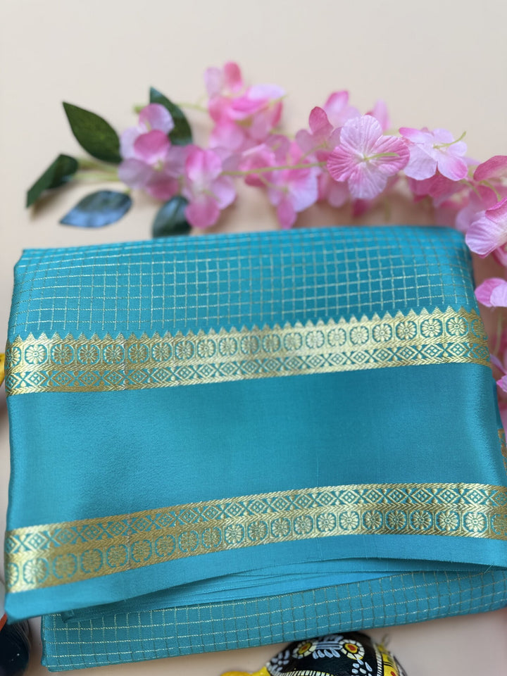 Sea Blue Pure Crepe Silk Saree with Self Checks