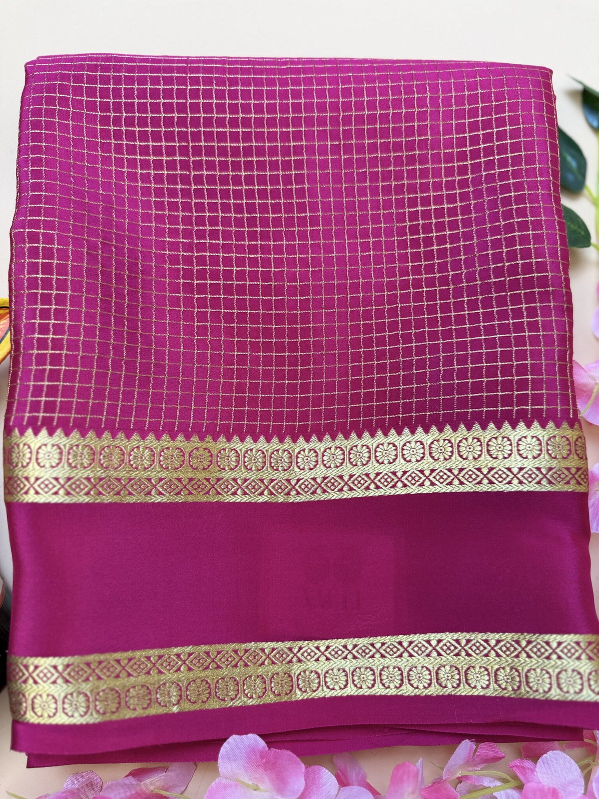 Rani Pink Pure Crepe Silk Saree with Self Checks