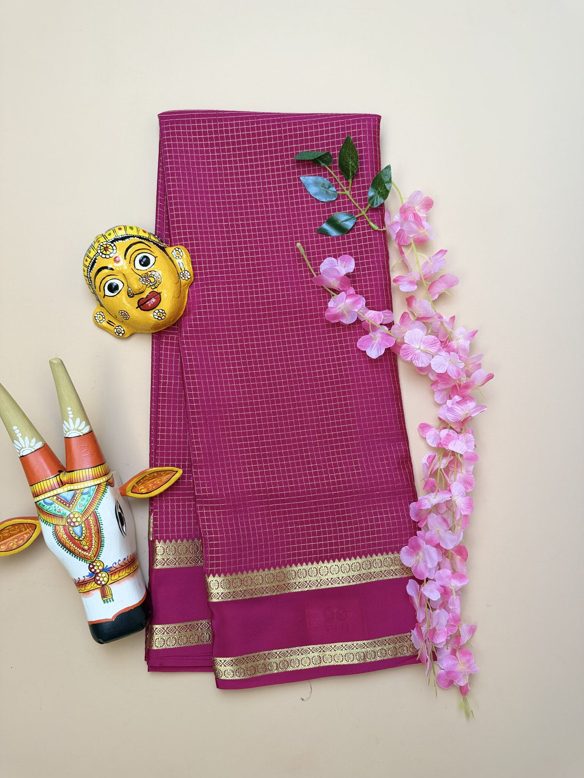 Rani Pink Pure Crepe Silk Saree with Self Checks