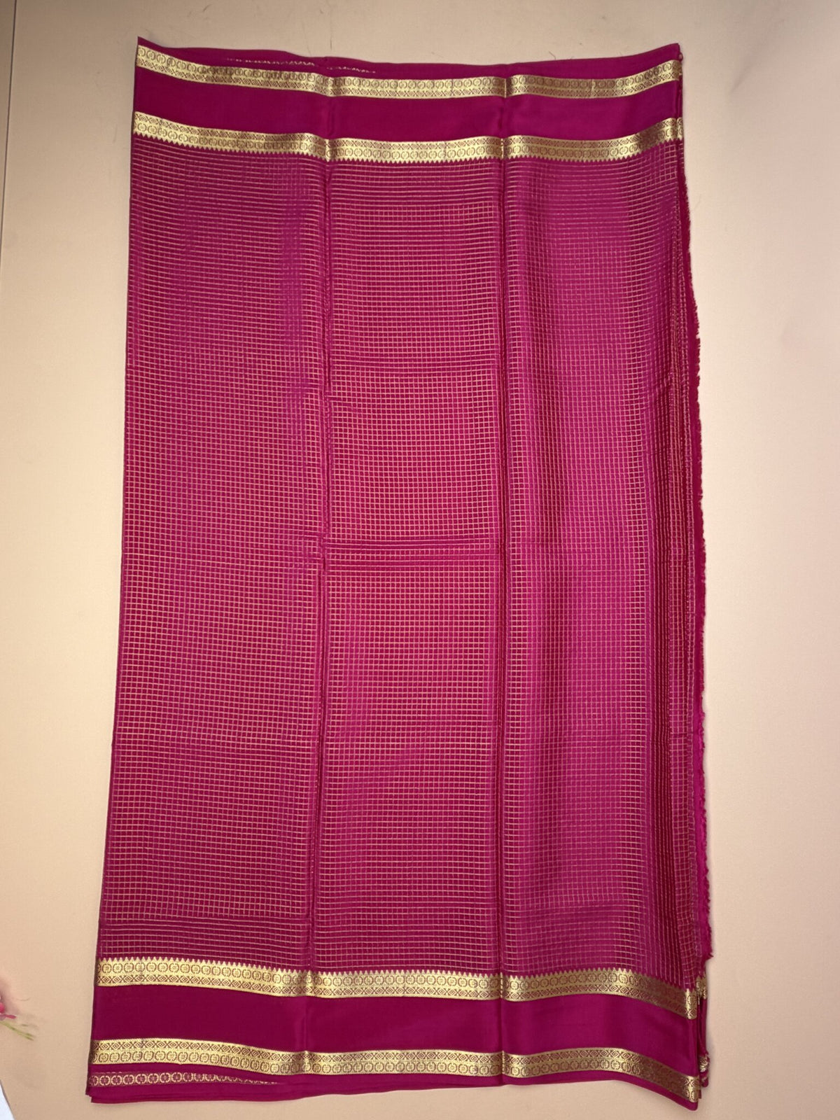 Rani Pink Pure Crepe Silk Saree with Self Checks