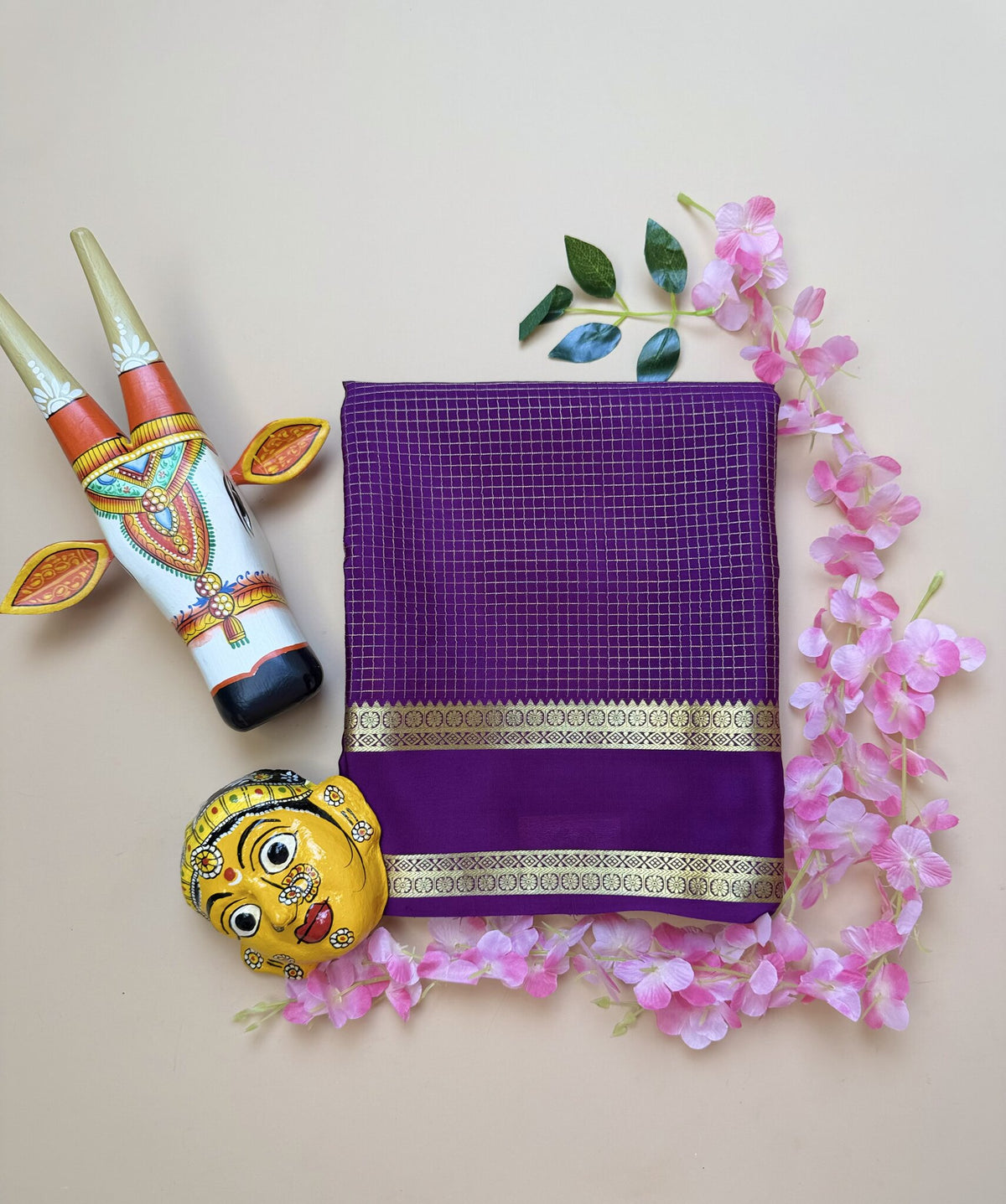 Purple Pure Crepe Silk Saree with Self Checks