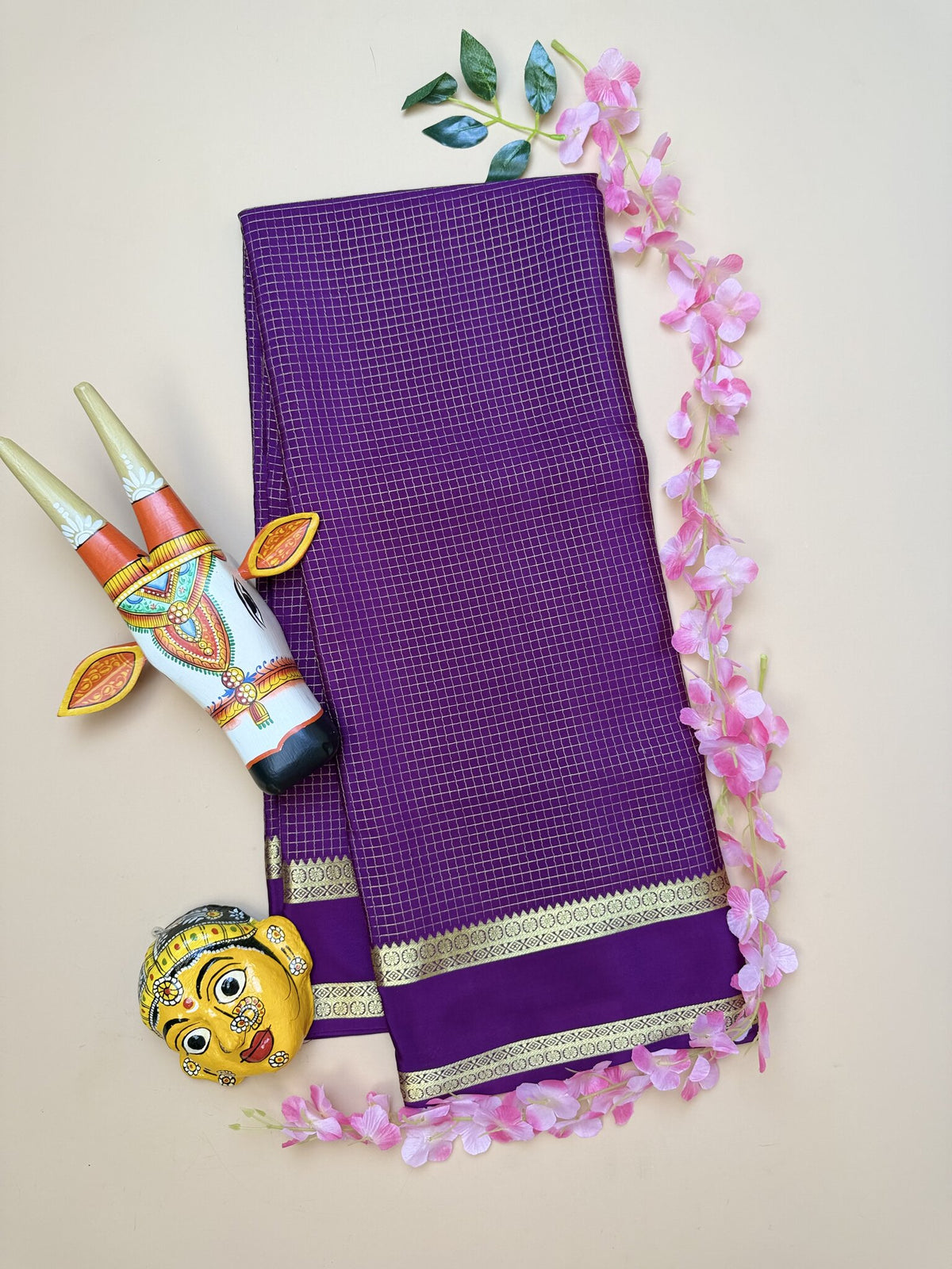 Purple Pure Crepe Silk Saree with Self Checks