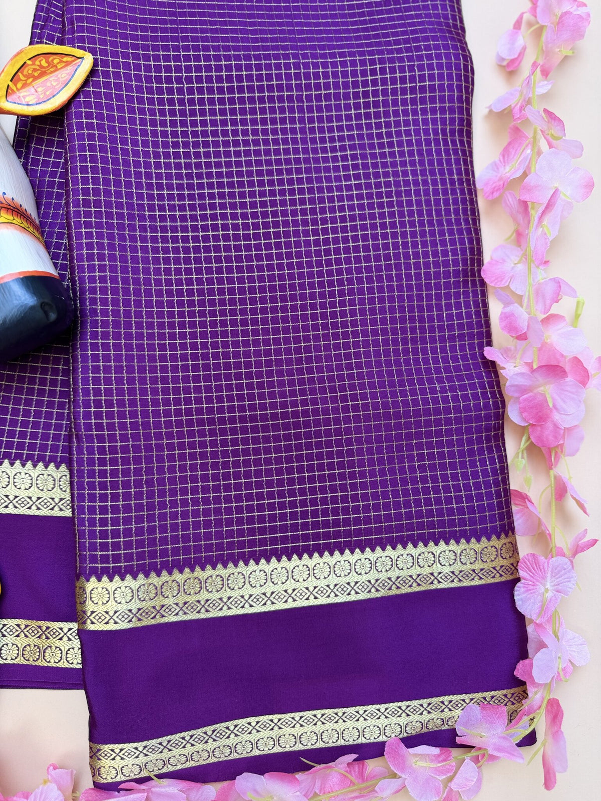 Purple Pure Crepe Silk Saree with Self Checks
