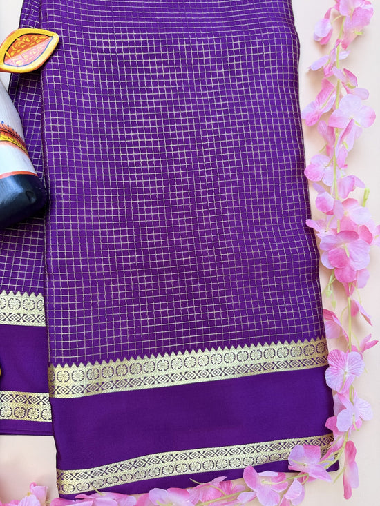 Purple Pure Crepe Silk Saree with Self Checks