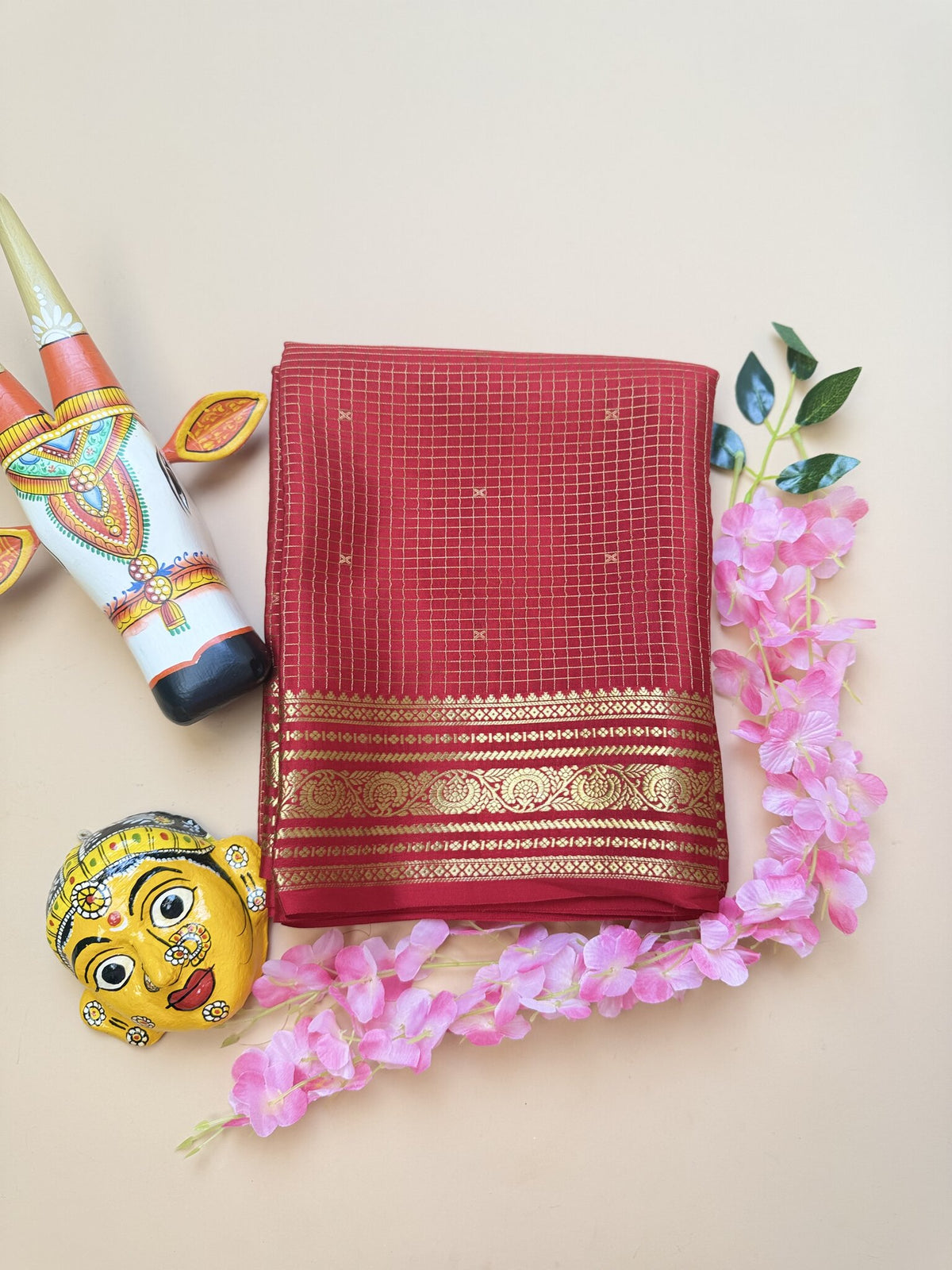 Red Pure Mysore Crepe Silk Saree with Small Self Checks