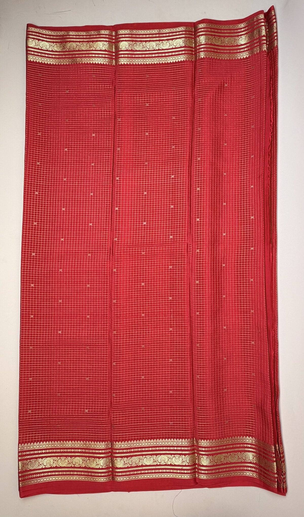 Red Pure Mysore Crepe Silk Saree with Small Self Checks