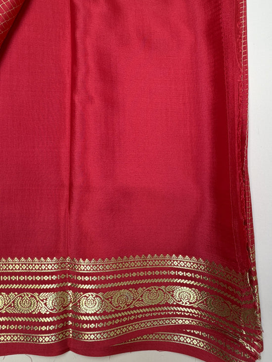 Red Pure Mysore Crepe Silk Saree with Small Self Checks