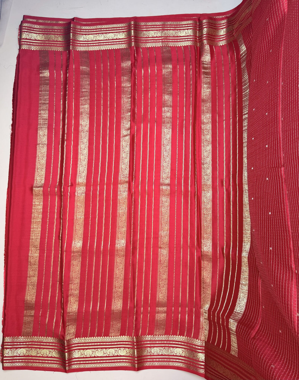 Red Pure Mysore Crepe Silk Saree with Small Self Checks