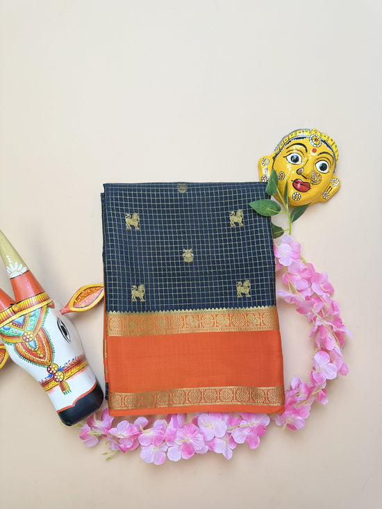 Black & Orange Pure Crepe Silk Saree with Gandaberunda & Yaali Motifs