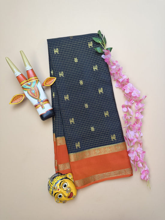 Black & Orange Pure Crepe Silk Saree with Gandaberunda & Yaali Motifs