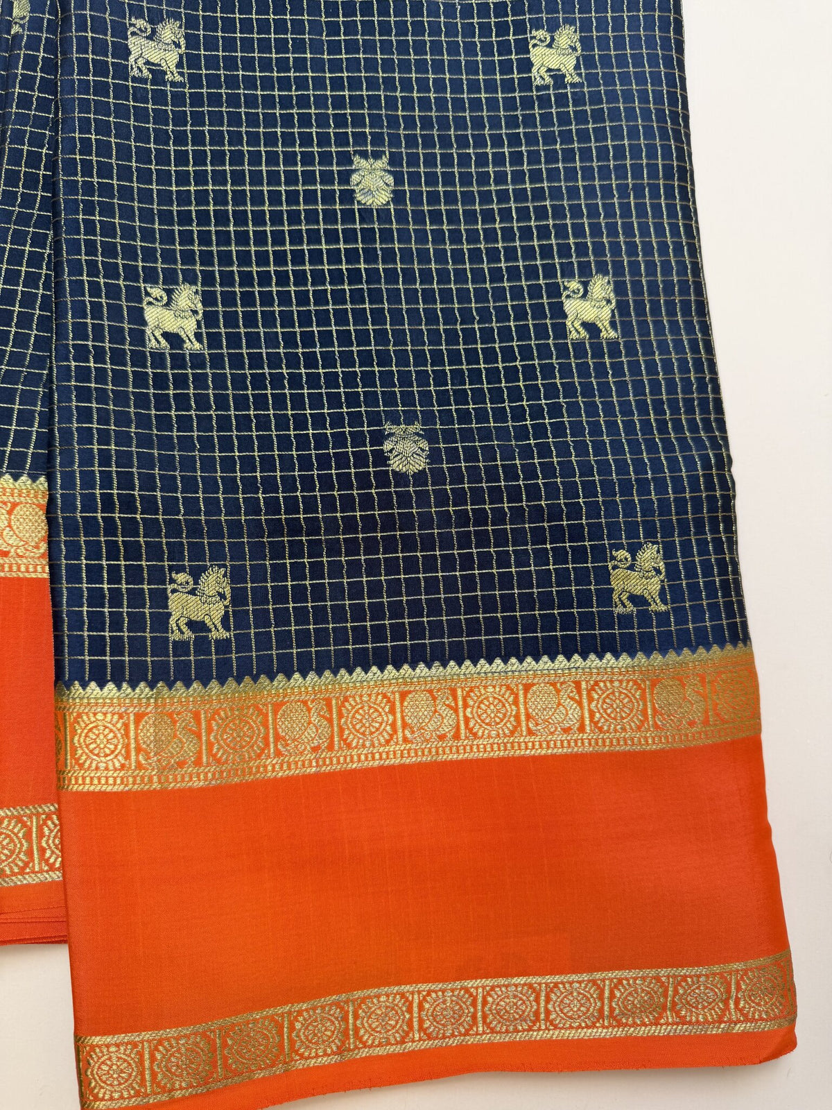 Black & Orange Pure Crepe Silk Saree with Gandaberunda & Yaali Motifs