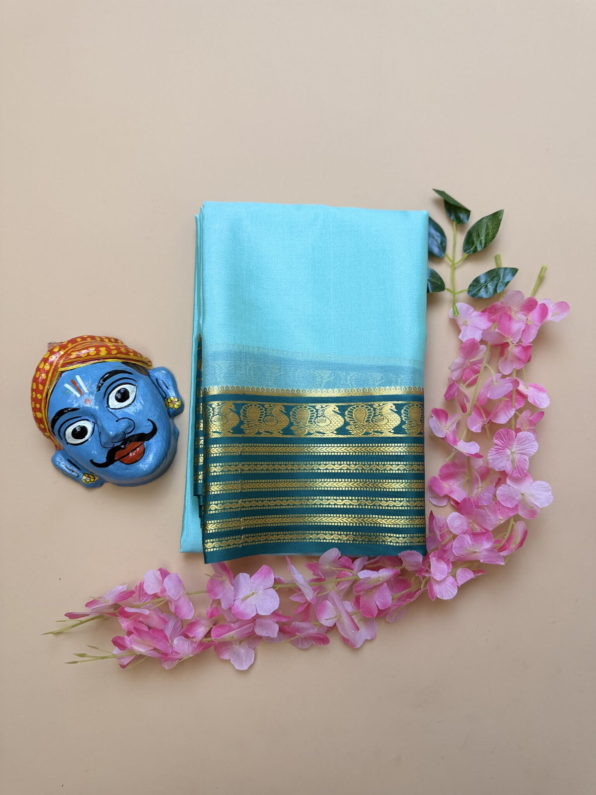 Sea Green & Peacock Green Mysore Crepe Silk Saree with Peacock Border
