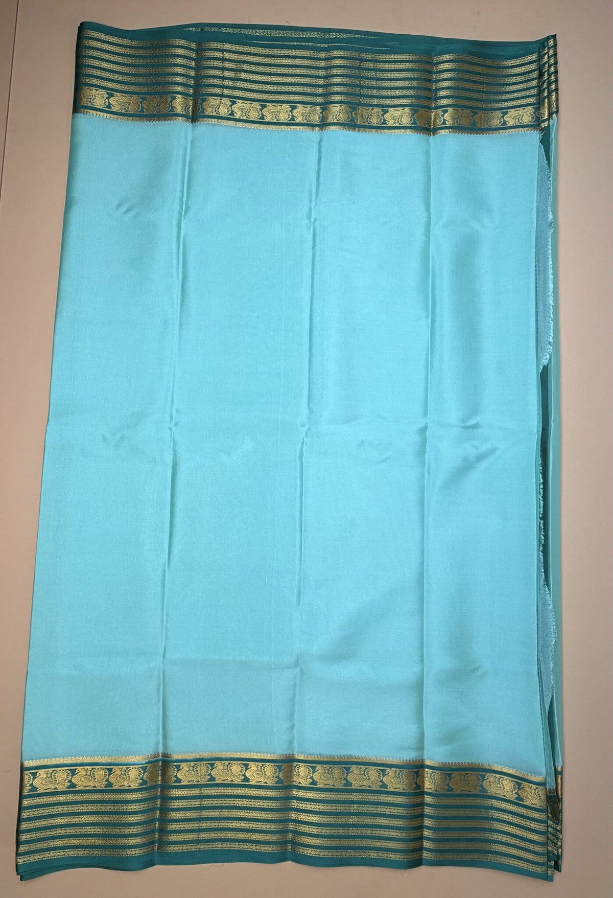 Sea Green & Peacock Green Mysore Crepe Silk Saree with Peacock Border