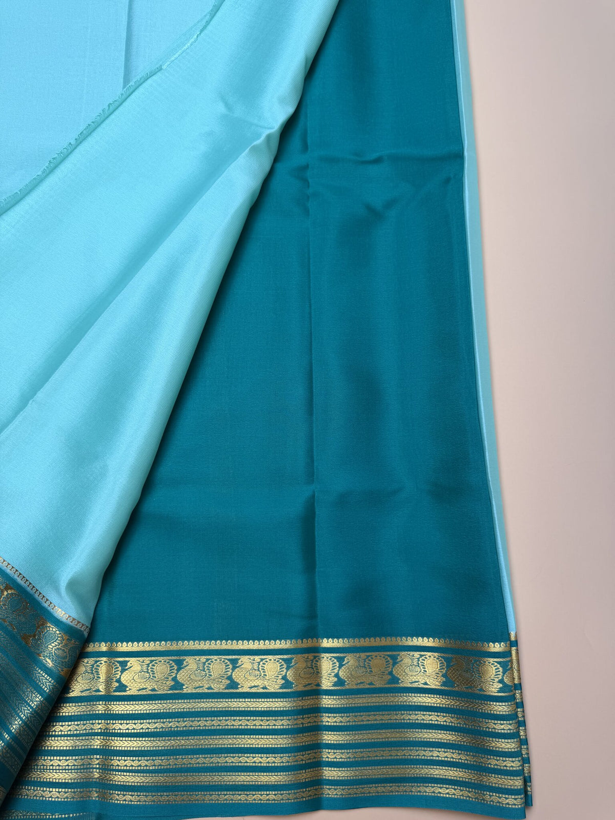 Sea Green & Peacock Green Mysore Crepe Silk Saree with Peacock Border