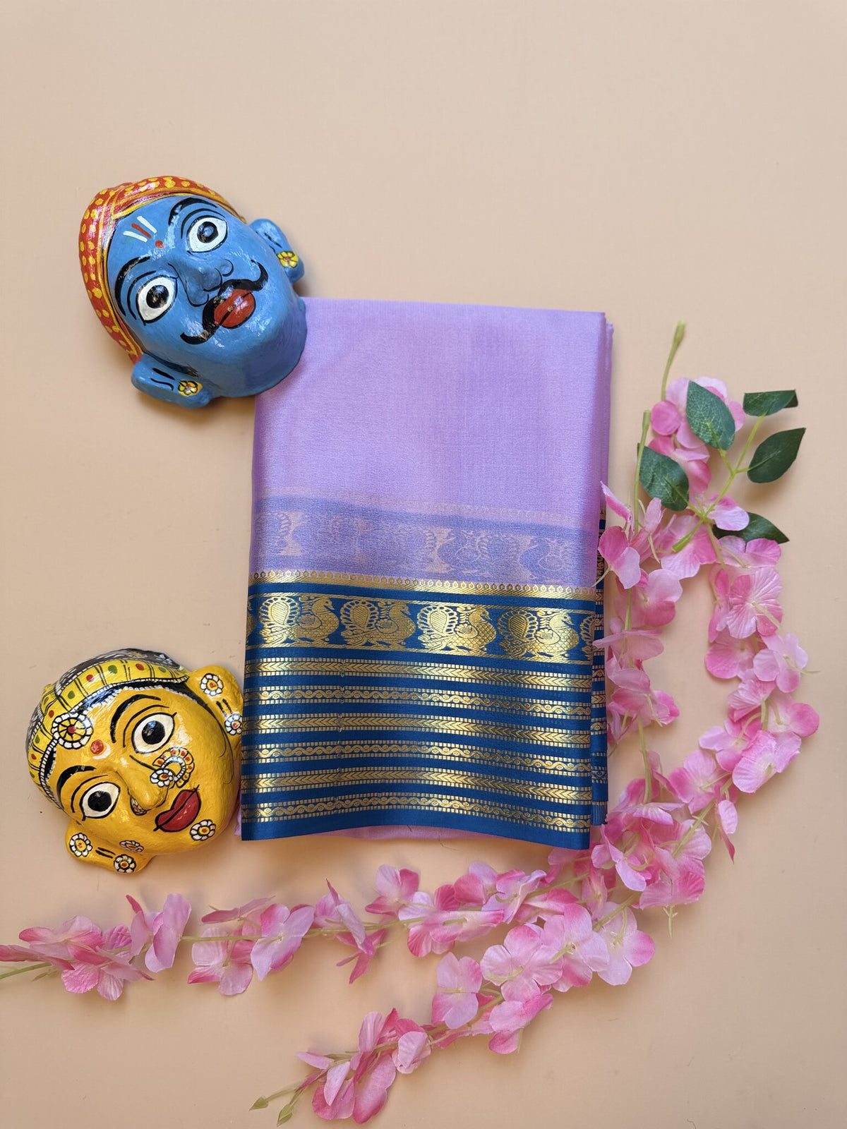 Onion Pink & Teal Blue Mysore Crepe Silk Saree with Peacock Border
