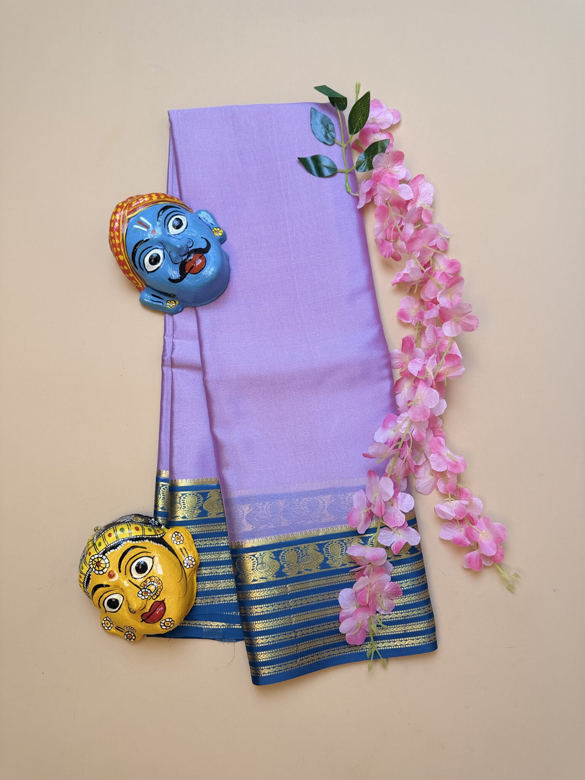 Onion Pink & Teal Blue Mysore Crepe Silk Saree with Peacock Border