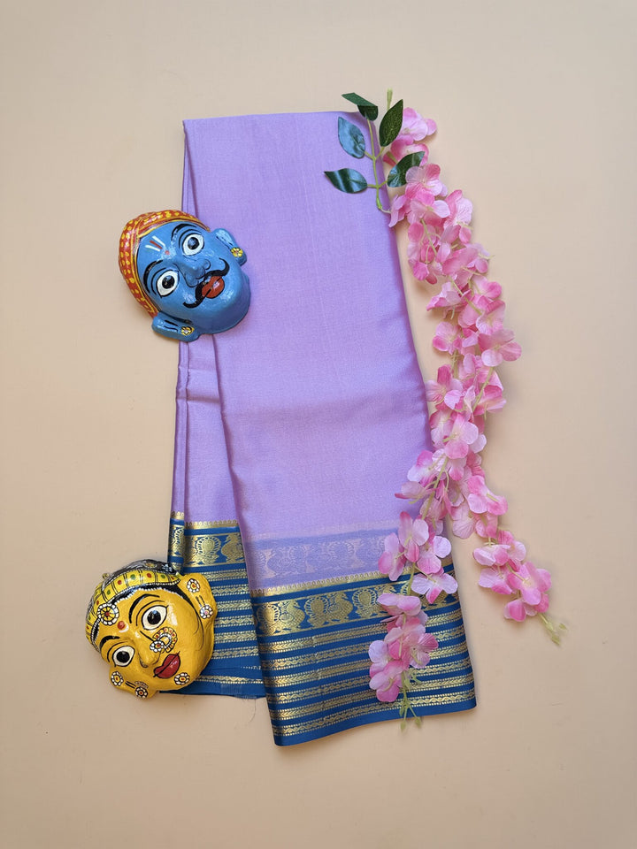 Onion Pink & Teal Blue Mysore Crepe Silk Saree with Peacock Border