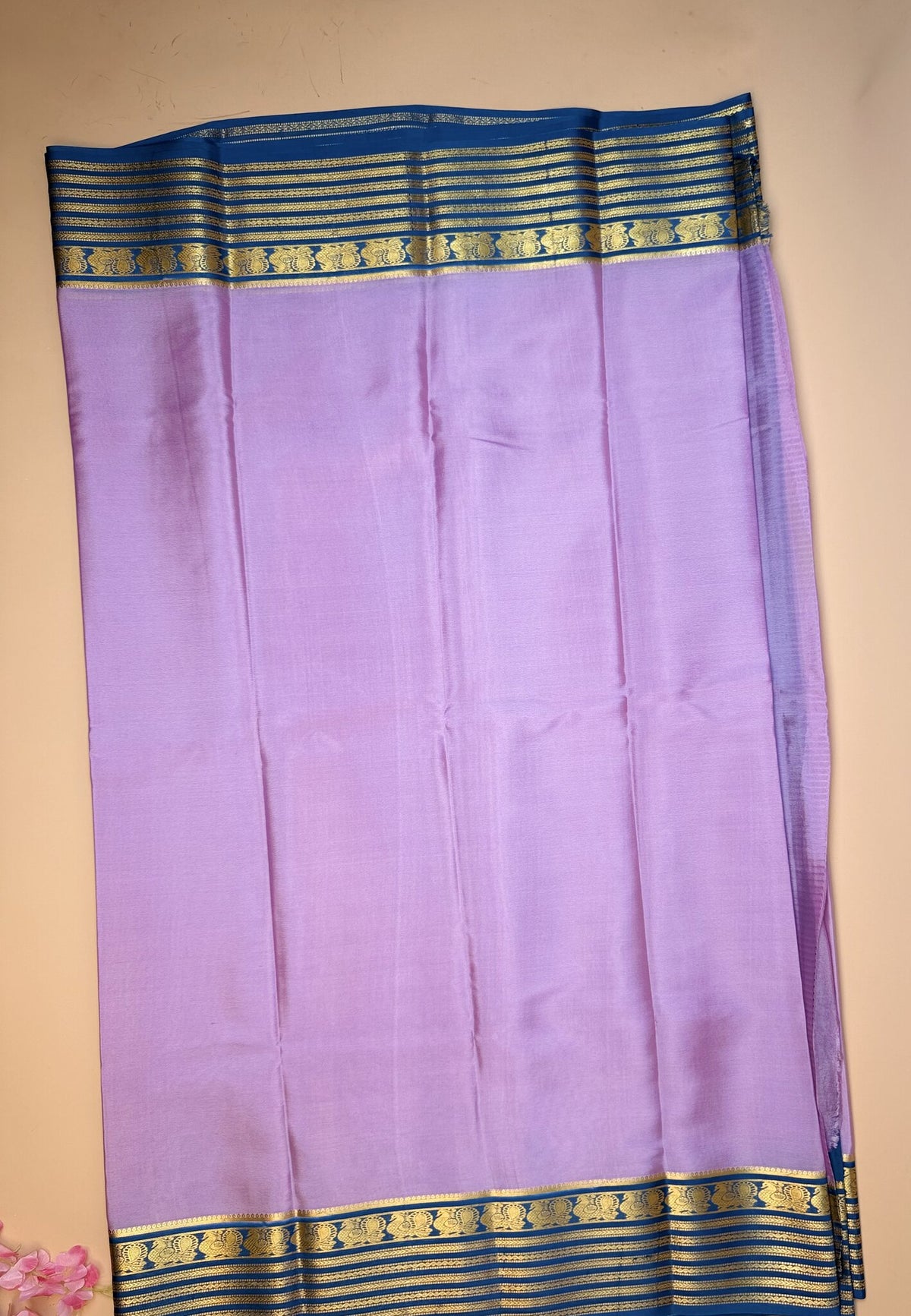 Onion Pink & Teal Blue Mysore Crepe Silk Saree with Peacock Border