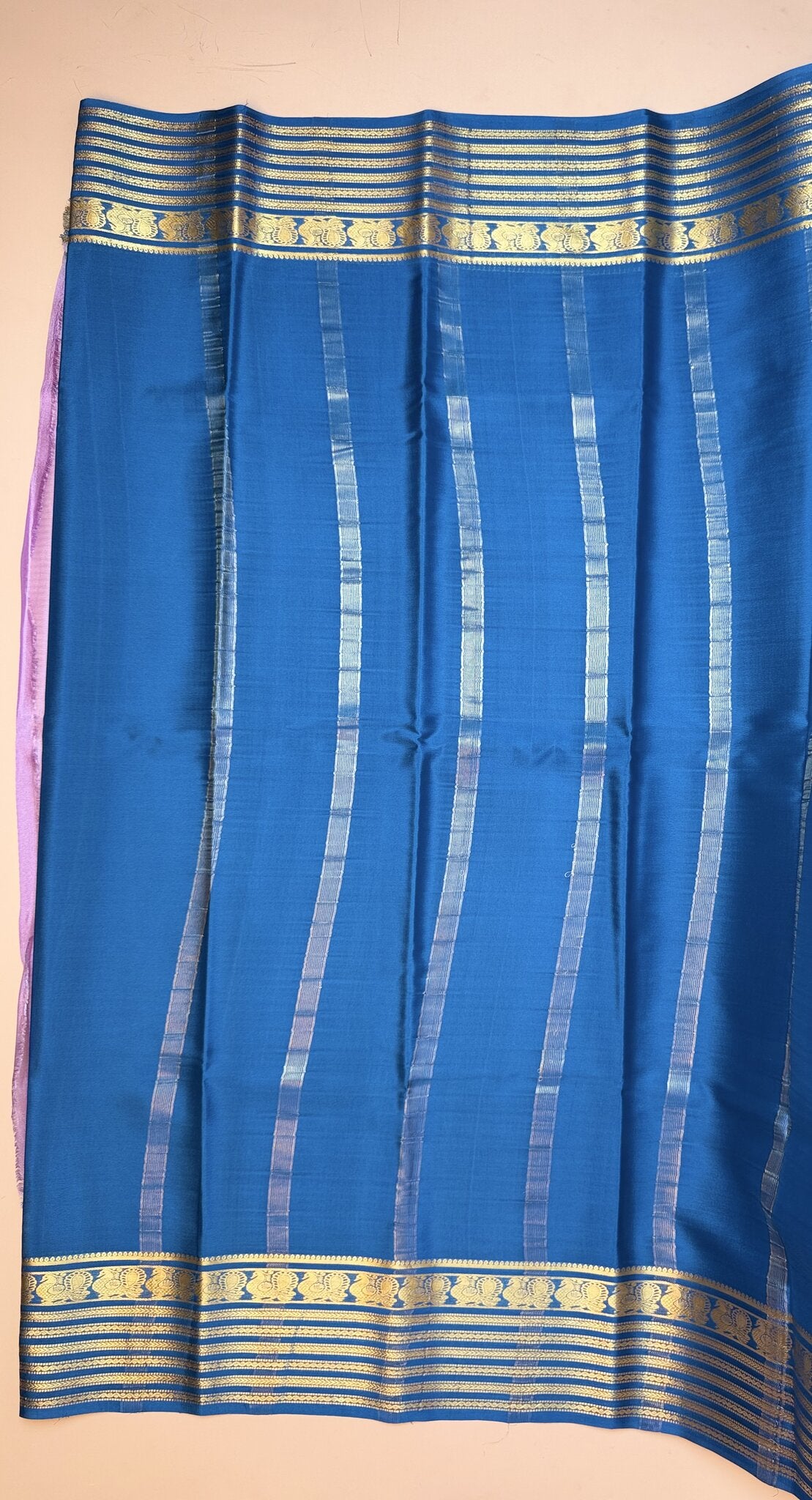 Onion Pink & Teal Blue Mysore Crepe Silk Saree with Peacock Border