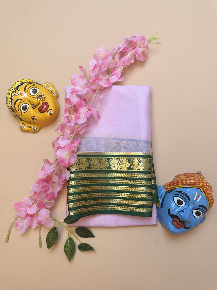 Baby Pink & Dark Green Mysore Crepe Silk Saree with Peacock Border