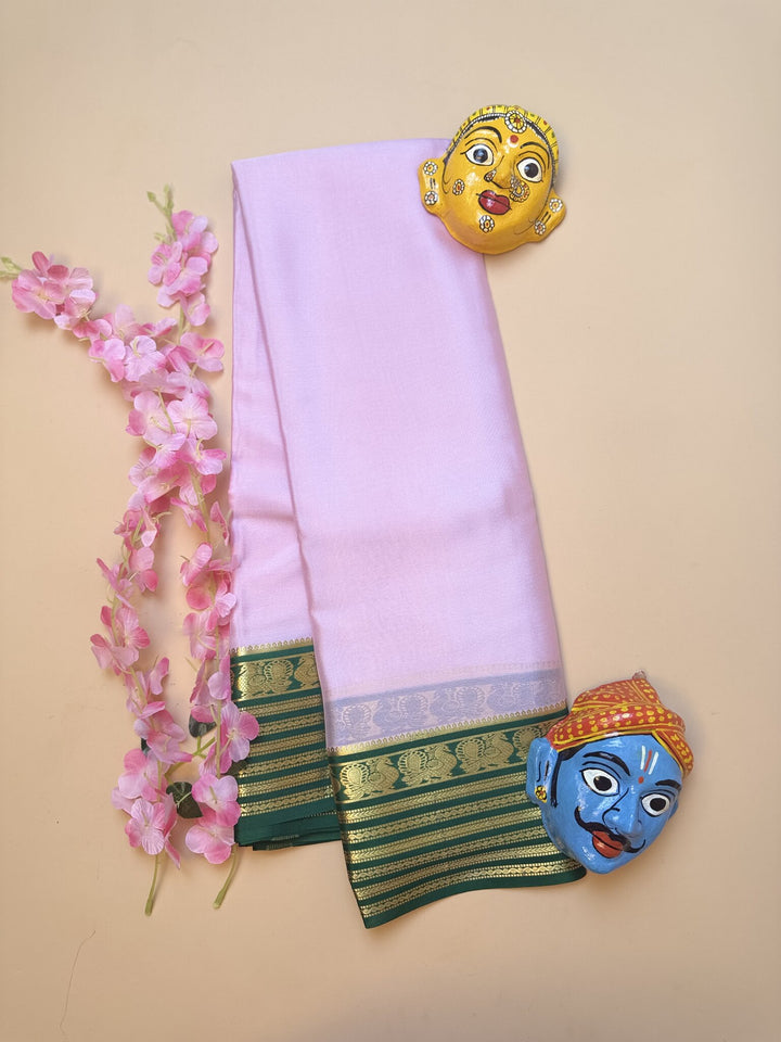 Baby Pink & Dark Green Mysore Crepe Silk Saree with Peacock Border