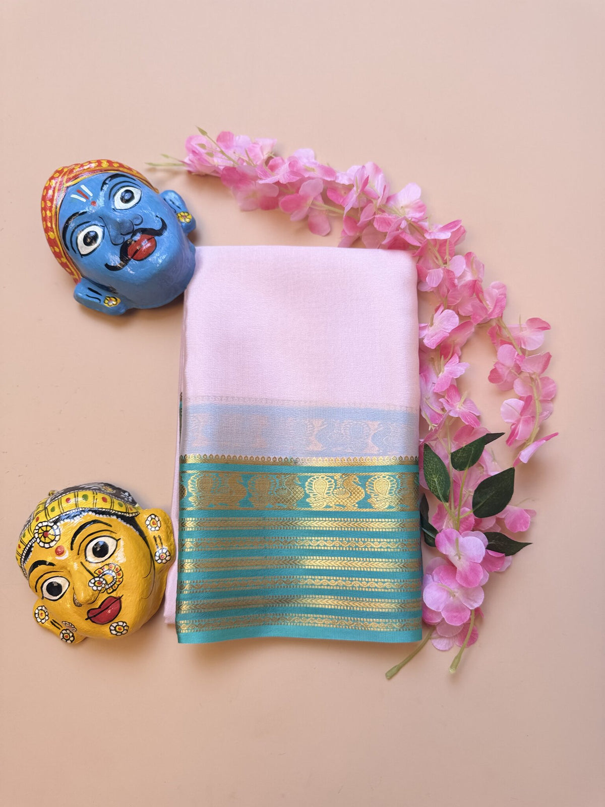 Baby Pink & Sea Green Mysore Crepe Silk Saree with Peacock Border