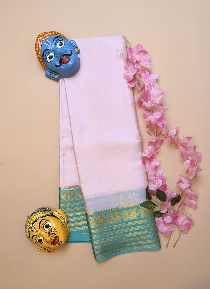 Baby Pink & Sea Green Mysore Crepe Silk Saree with Peacock Border