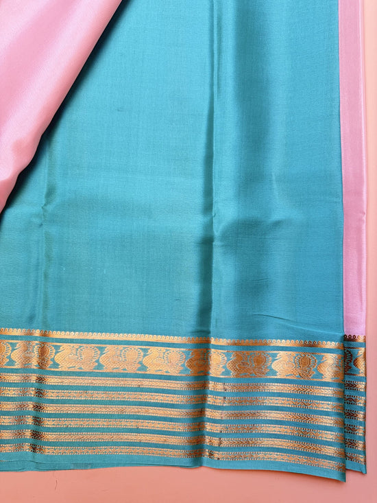 Baby Pink & Sea Green Mysore Crepe Silk Saree with Peacock Border