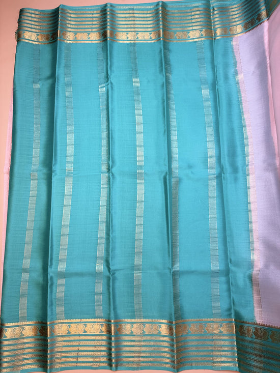Baby Pink & Sea Green Mysore Crepe Silk Saree with Peacock Border