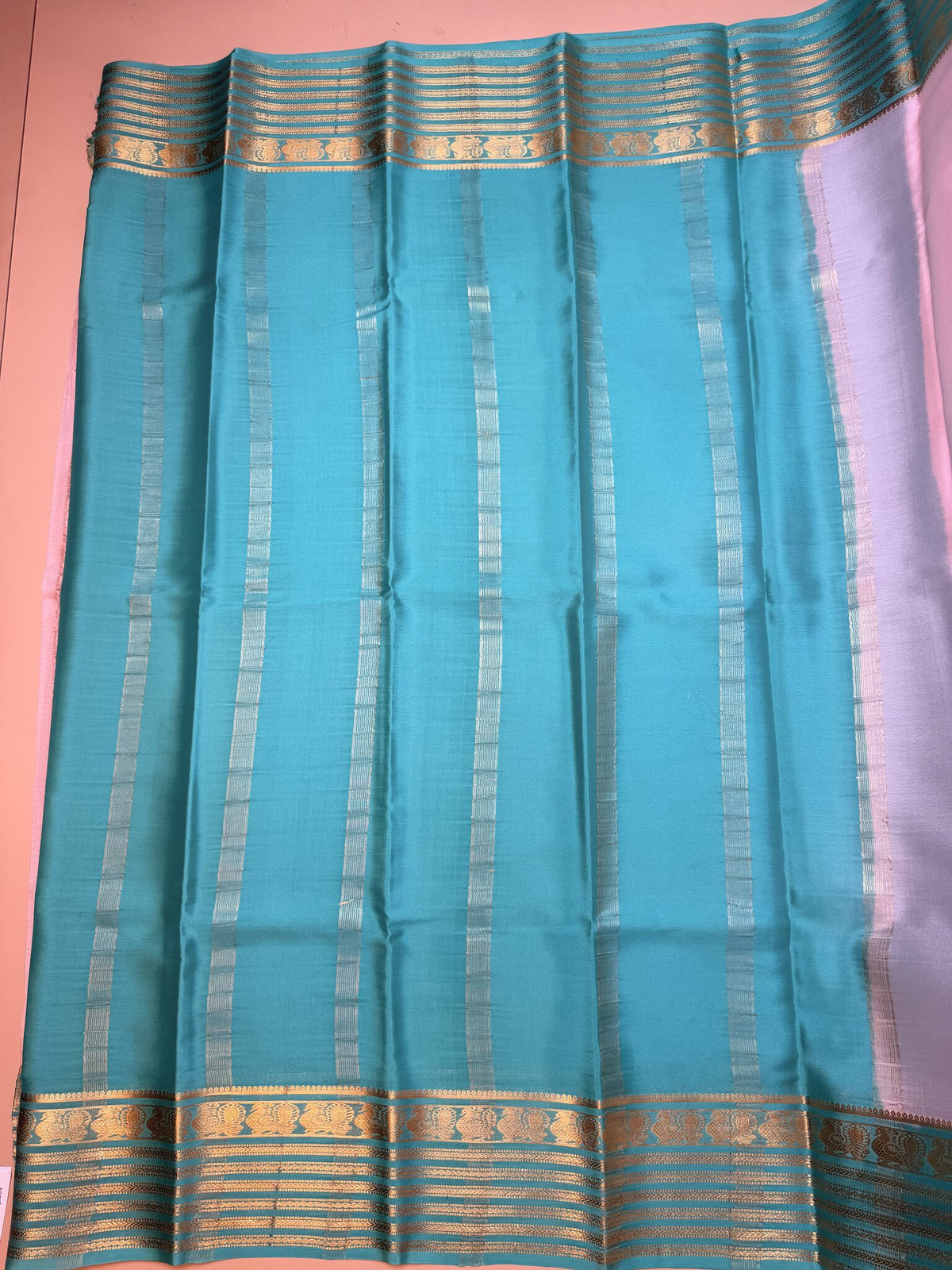 Baby Pink & Sea Green Mysore Crepe Silk Saree with Peacock Border