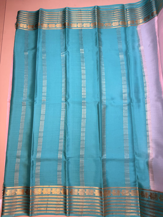 Baby Pink & Sea Green Mysore Crepe Silk Saree with Peacock Border