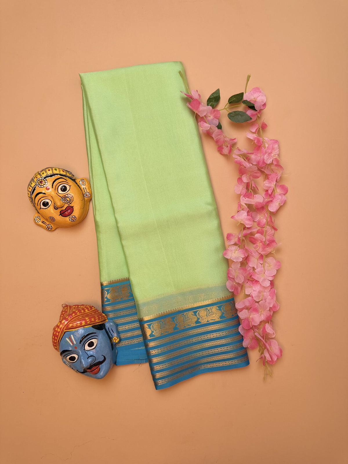 Sea Green & Rama Blue Mysore Crepe Silk Saree with Peacock Border