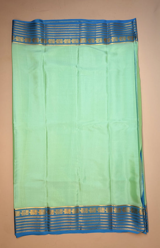 Sea Green & Rama Blue Mysore Crepe Silk Saree with Peacock Border