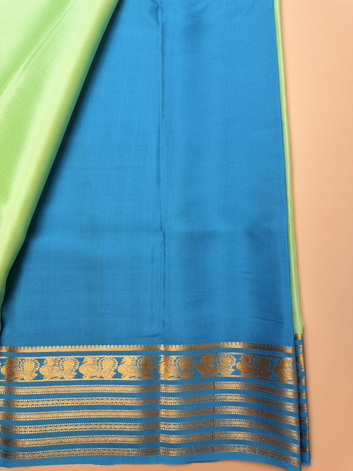 Sea Green & Rama Blue Mysore Crepe Silk Saree with Peacock Border