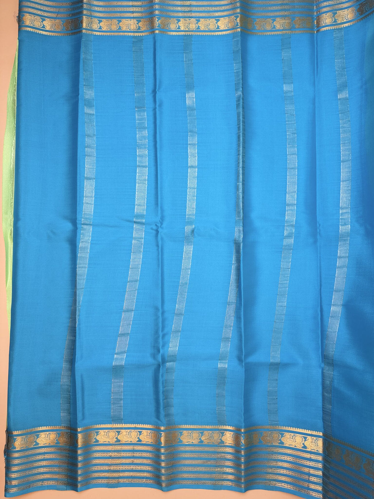 Sea Green & Rama Blue Mysore Crepe Silk Saree with Peacock Border