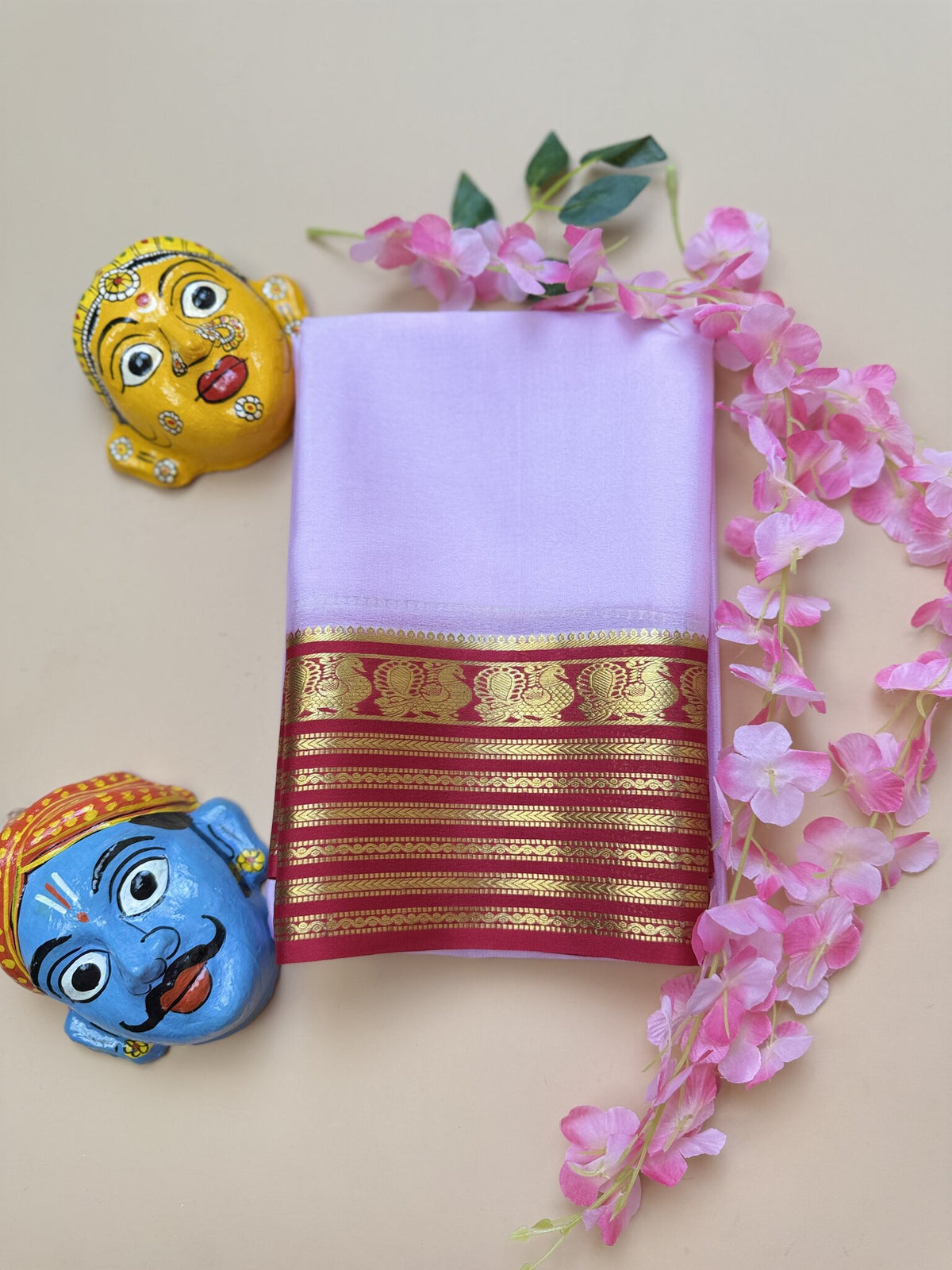 Baby Pink & Chilli Red Mysore Crepe Silk Saree with Peacock Border