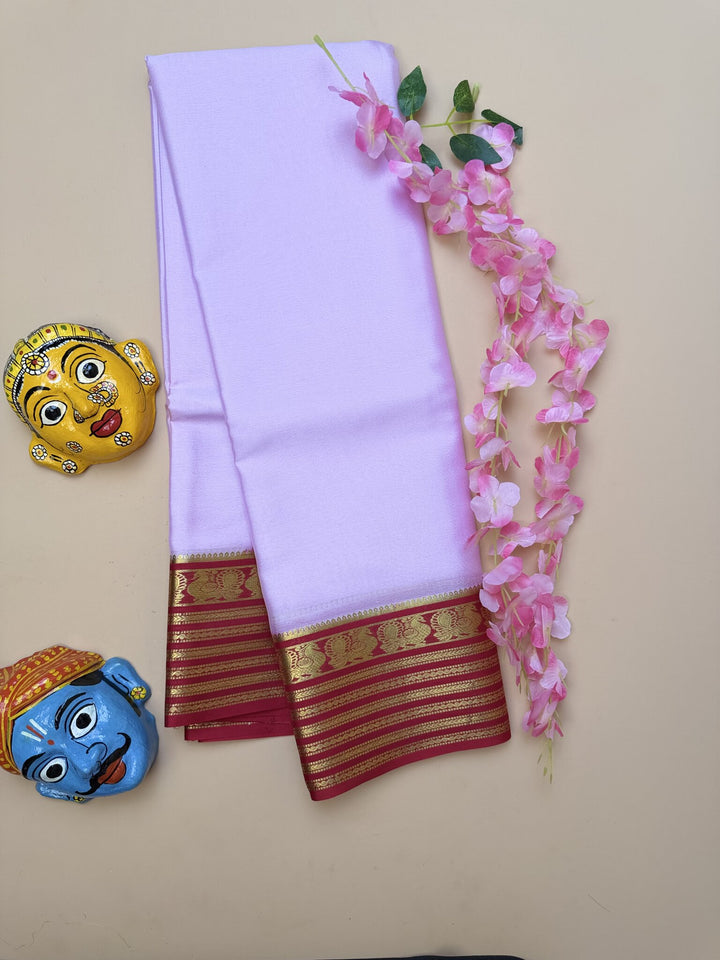 Baby Pink & Chilli Red Mysore Crepe Silk Saree with Peacock Border