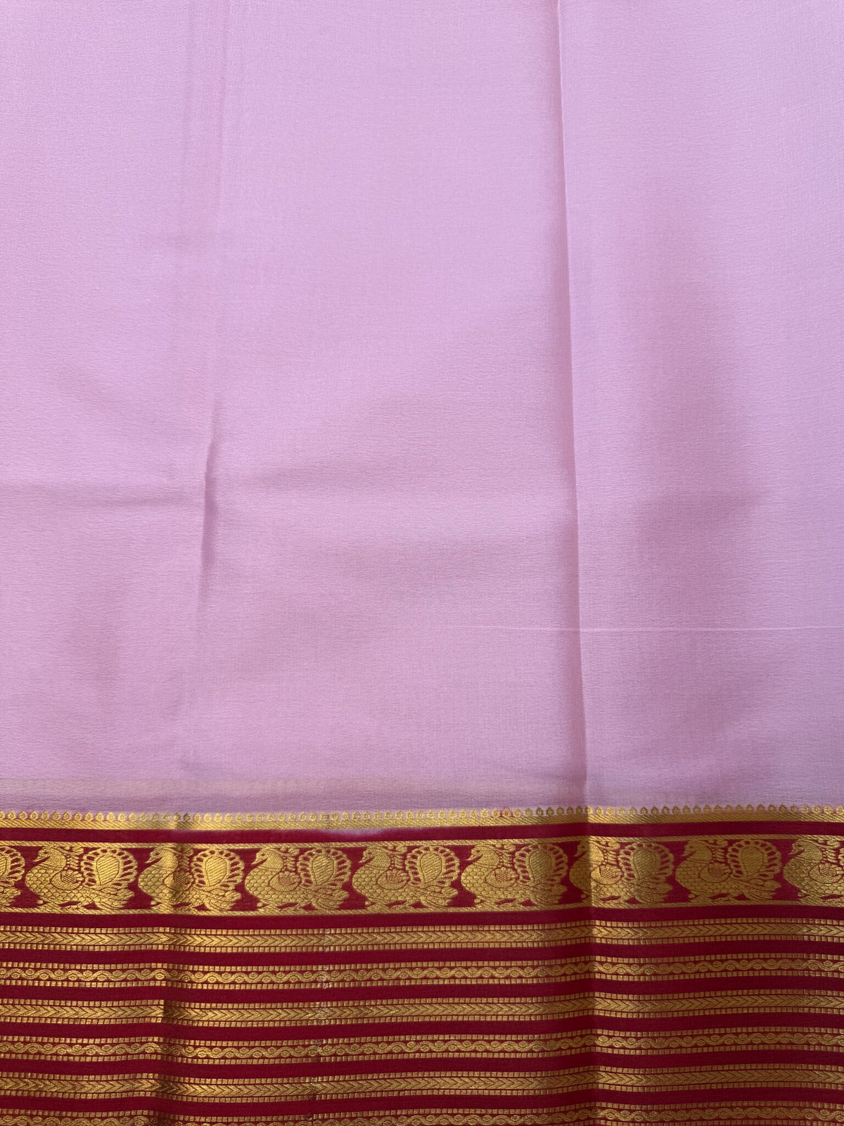 Baby Pink & Chilli Red Mysore Crepe Silk Saree with Peacock Border