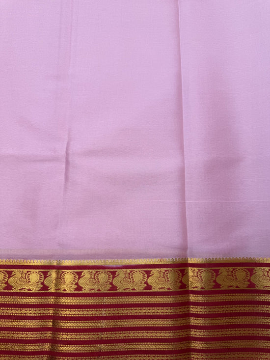 Baby Pink & Chilli Red Mysore Crepe Silk Saree with Peacock Border