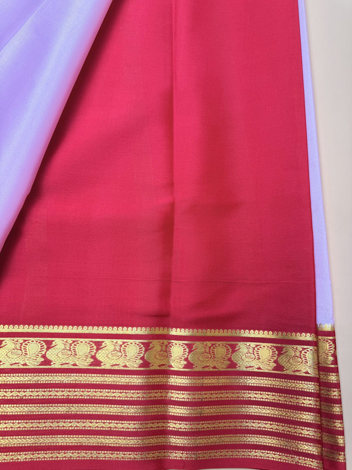 Baby Pink & Chilli Red Mysore Crepe Silk Saree with Peacock Border