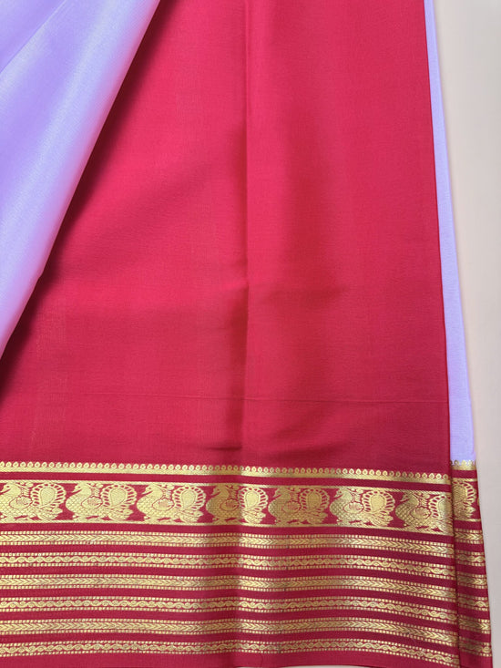 Baby Pink & Chilli Red Mysore Crepe Silk Saree with Peacock Border