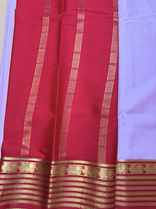 Baby Pink & Chilli Red Mysore Crepe Silk Saree with Peacock Border