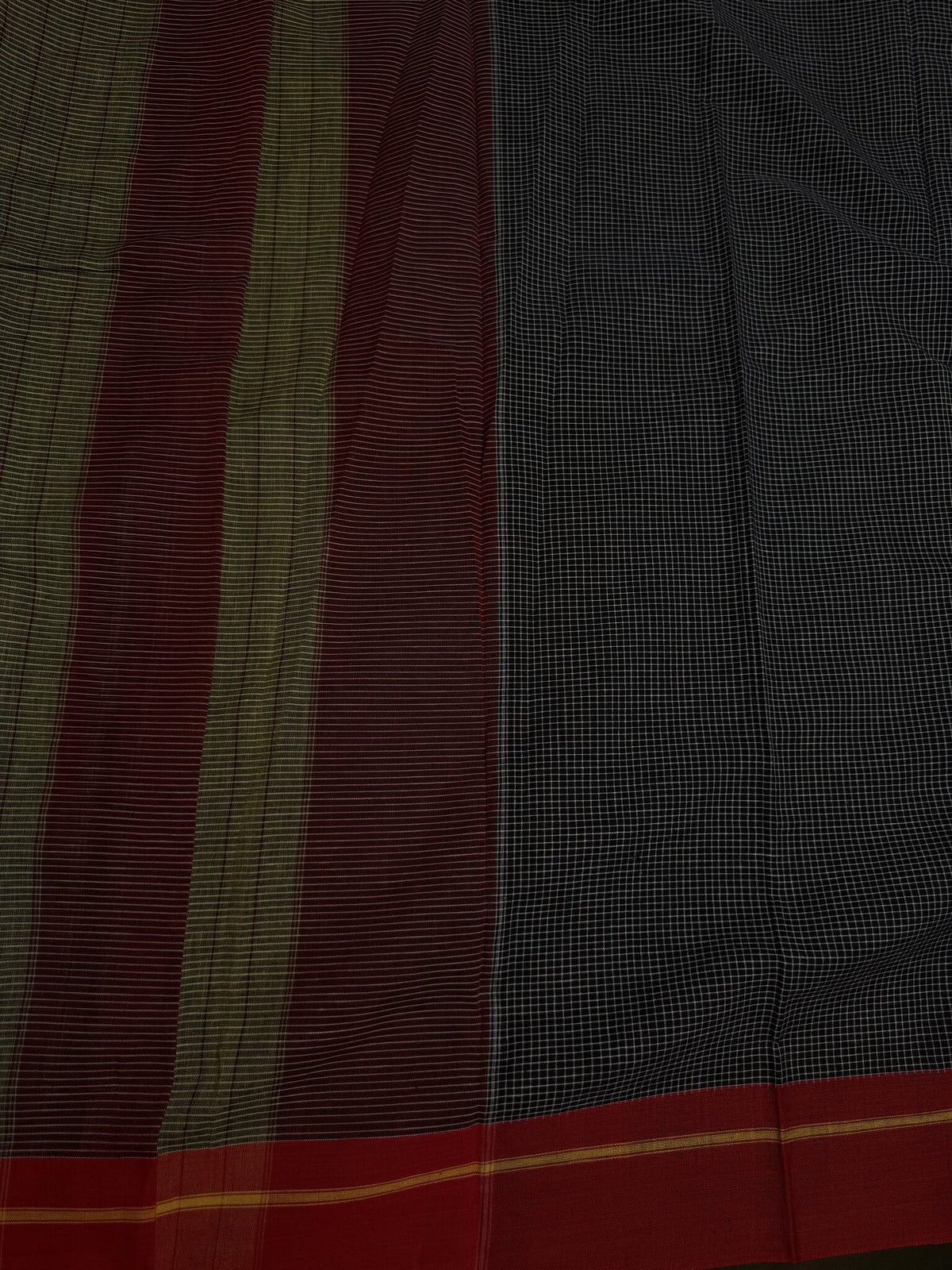 patteda anchu blsck check yellow and red boarder saree