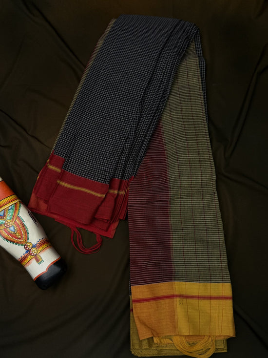 patteda anchu blsck check yellow and red boarder saree