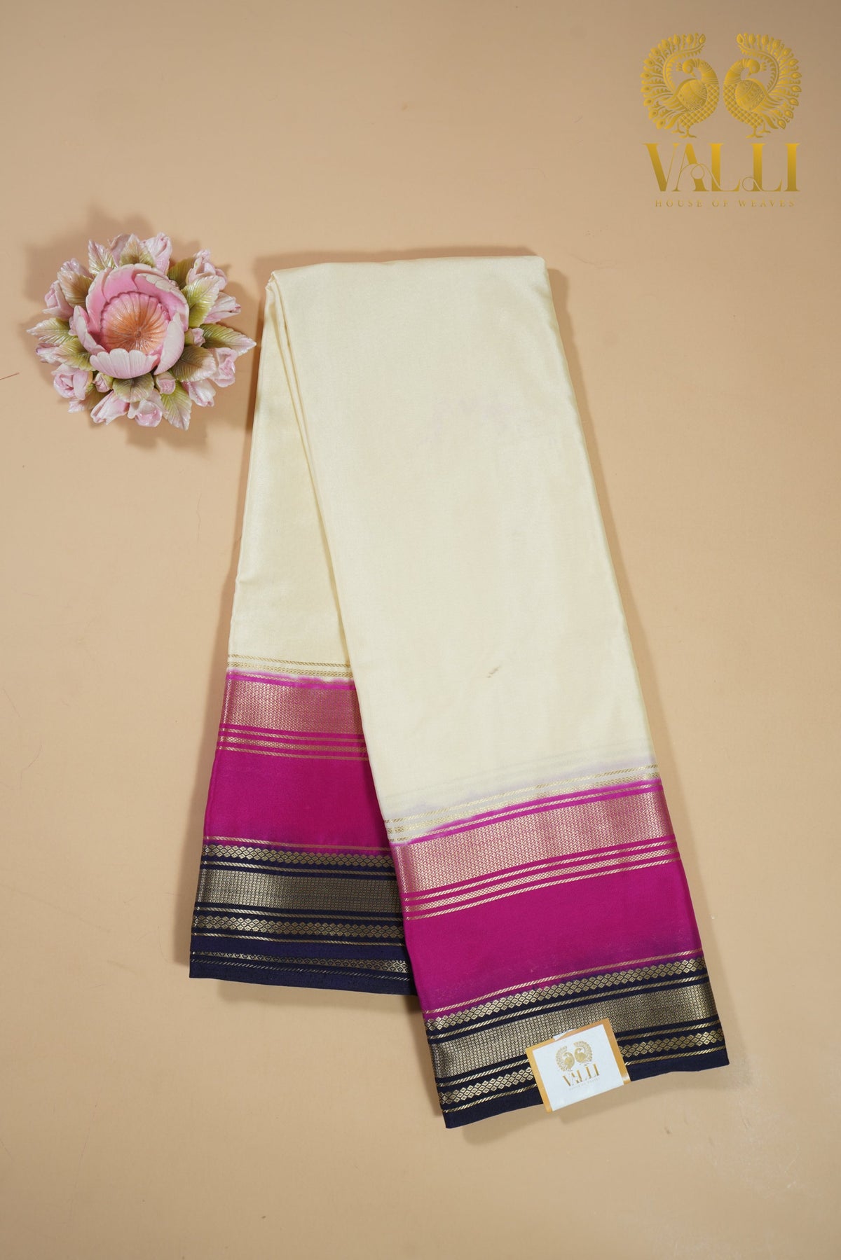 Triple colour semi Crepe Silk half white + pink