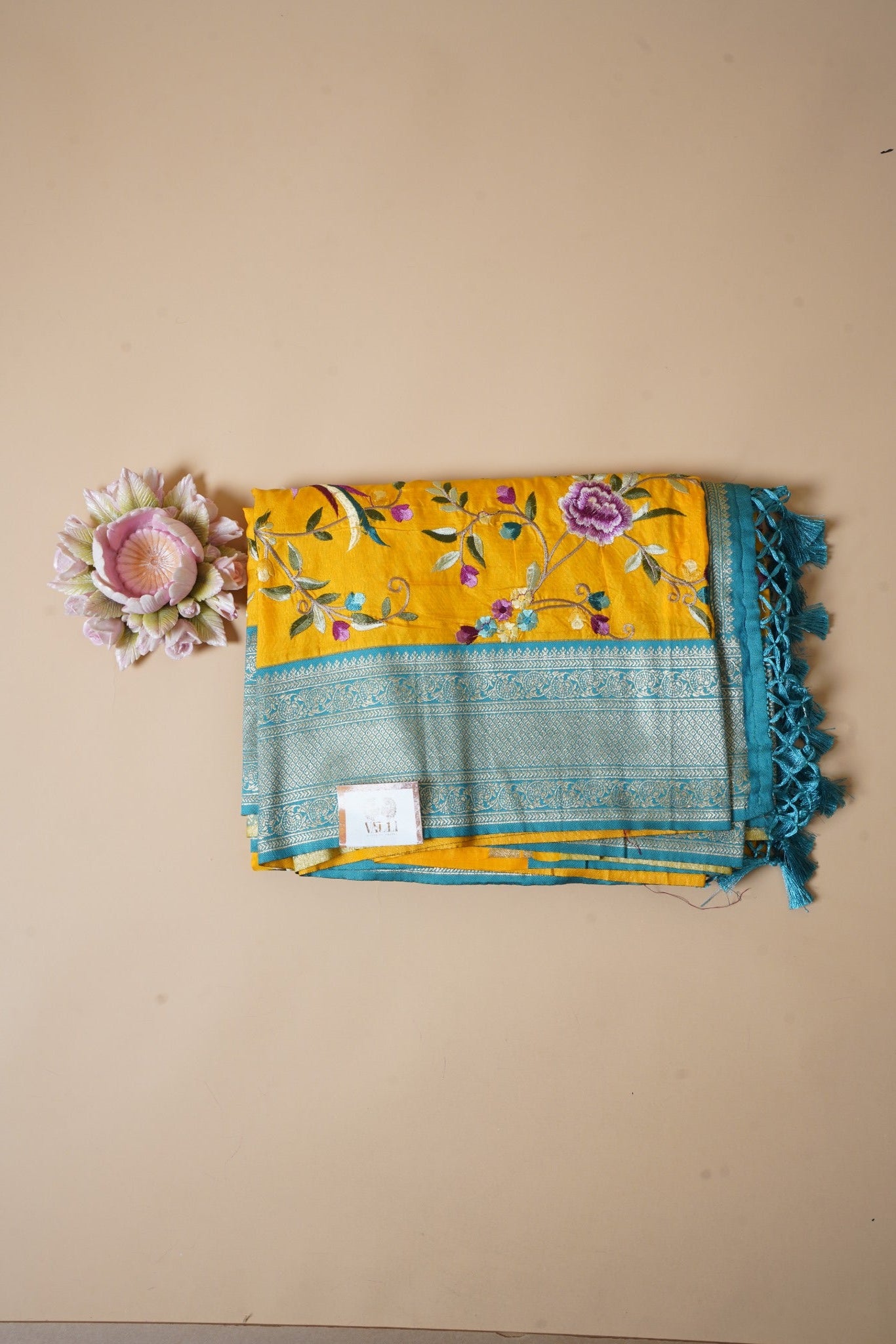 Yellow + rama blue embroidery  Kanchipuram silk saree