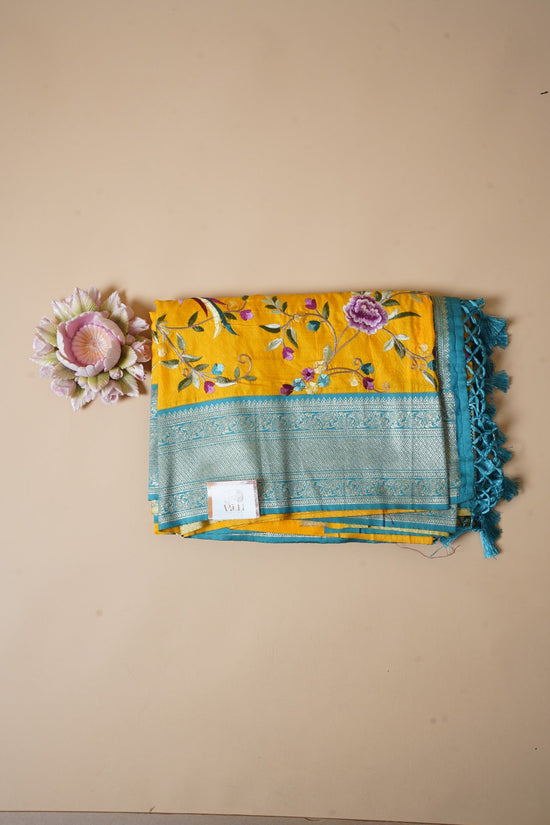 Yellow + rama blue embroidery  Kanchipuram silk saree