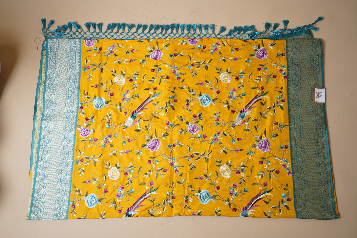 Yellow + rama blue embroidery  Kanchipuram silk saree