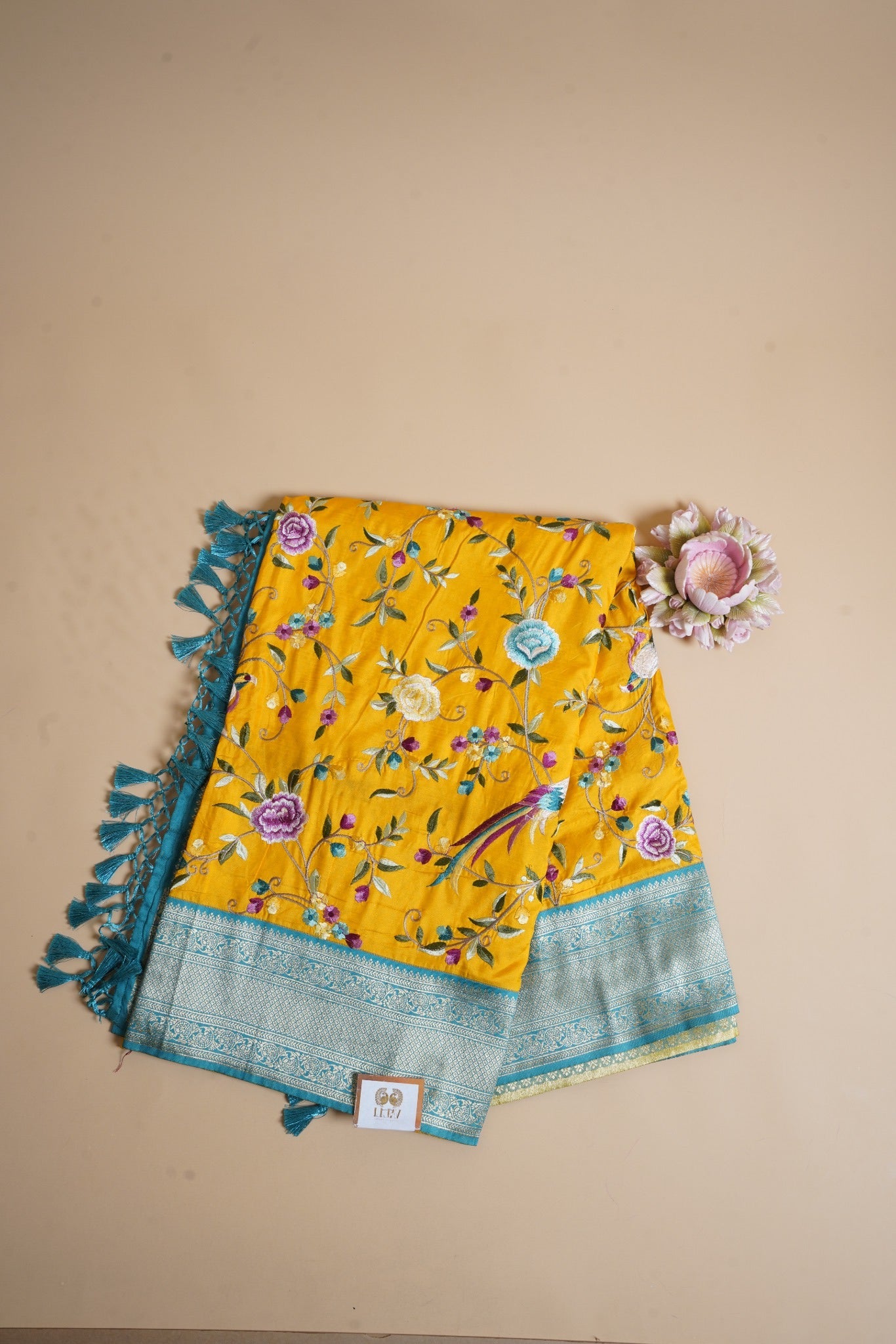 Yellow + rama blue embroidery  Kanchipuram silk saree