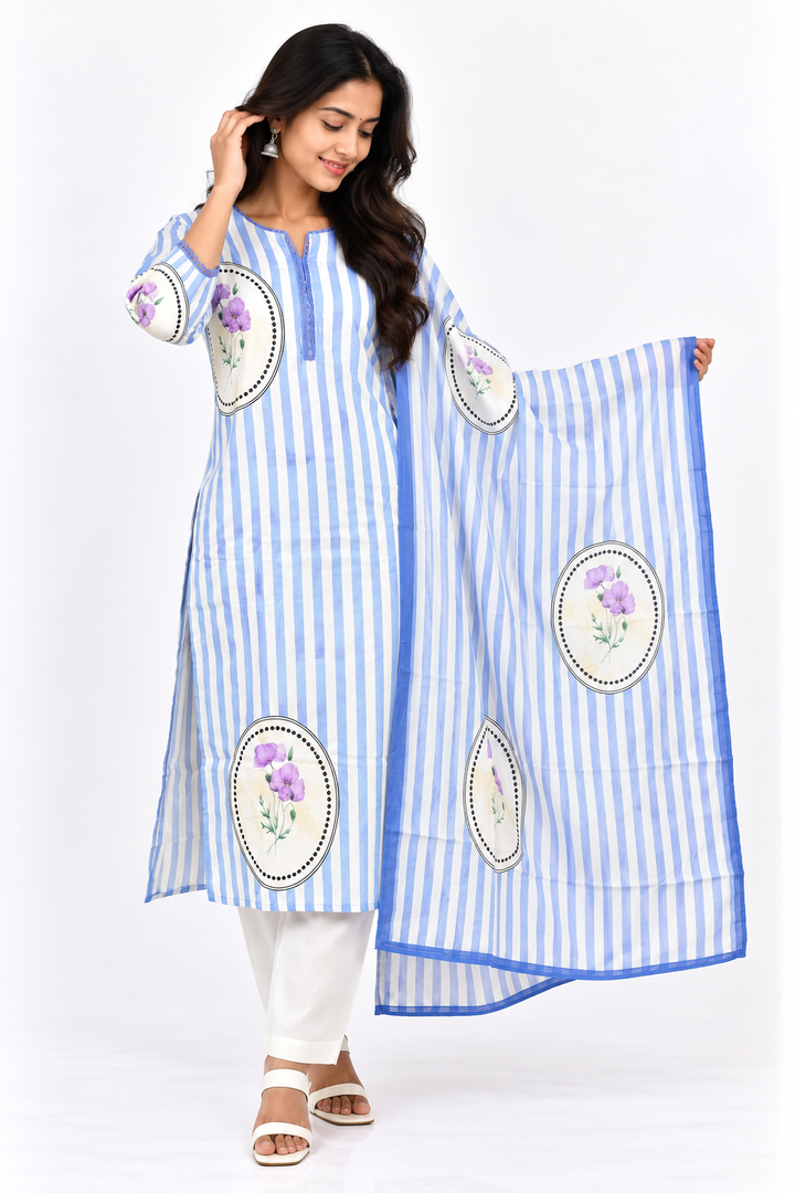 Off-White Cotton Lavender Stripe Salwar Set